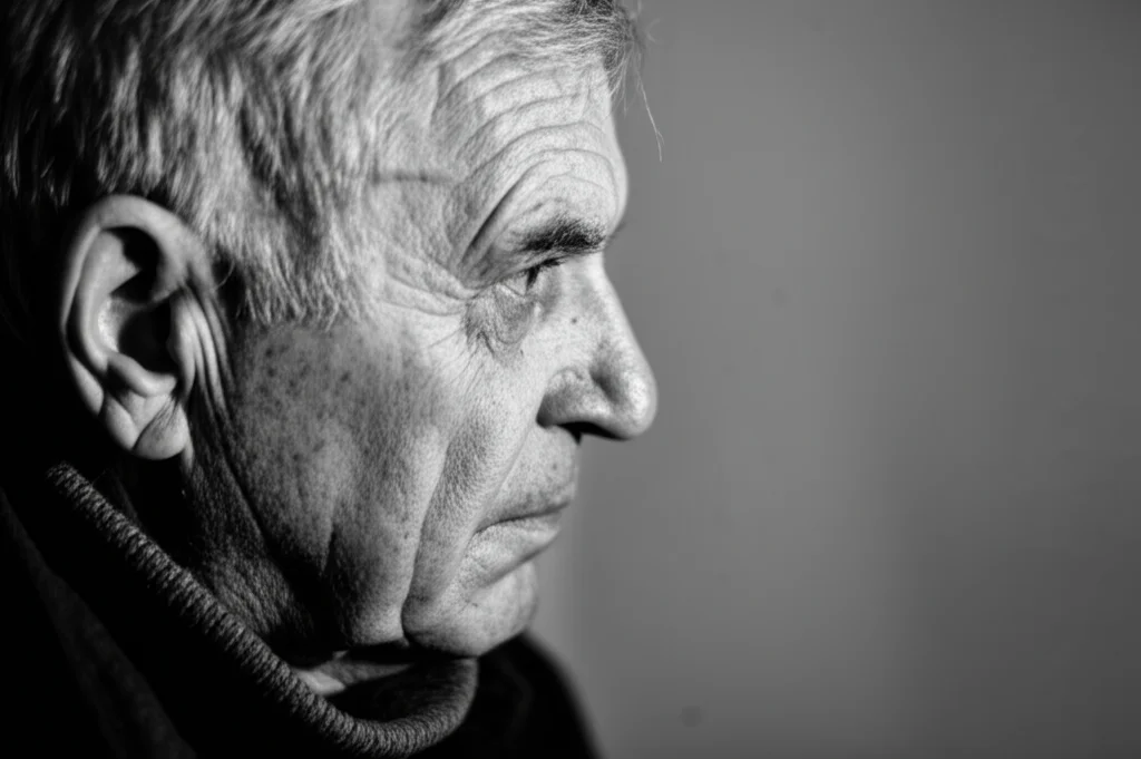 Ritratto fotografico di un uomo anziano (circa 70 anni) dall'aspetto pensieroso, visto di profilo, 35mm prime lens, profondità di campo ridotta, bianco e nero film, che riflette sull'impatto dell'invecchiamento sulla salute e sul carico delle malattie croniche come il mieloma multiplo.