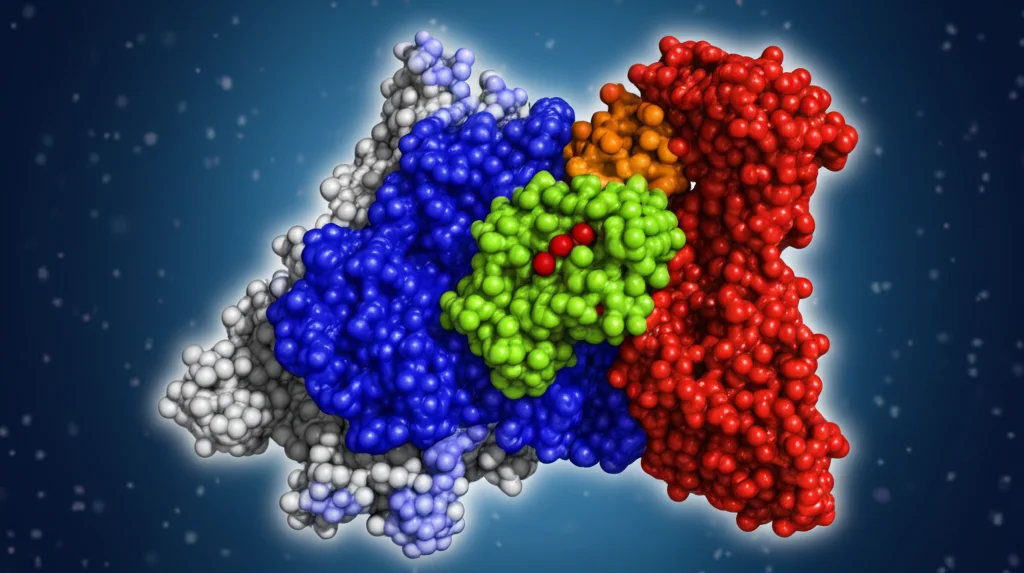 Illustrazione scientifica 3D fotorealistica di una molecola di Ibrutinib (inibitore ITK/BTK) che si lega al sito attivo dell'enzima ITK. Resa ad alta definizione con profondità di campo, illuminazione che evidenzia il sito di legame, colori vivaci per distinguere la molecola e l'enzima.