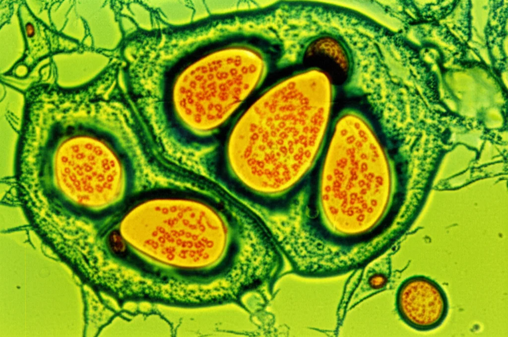 Micrografia elettronica stilizzata di cellule ovariche di insetto con granuli di vitello (tuorlo) visibili e goccioline lipidiche. Alta definizione, illuminazione da microscopio, dettagli cellulari, focus sulle strutture interne legate alla riproduzione e al metabolismo lipidico.