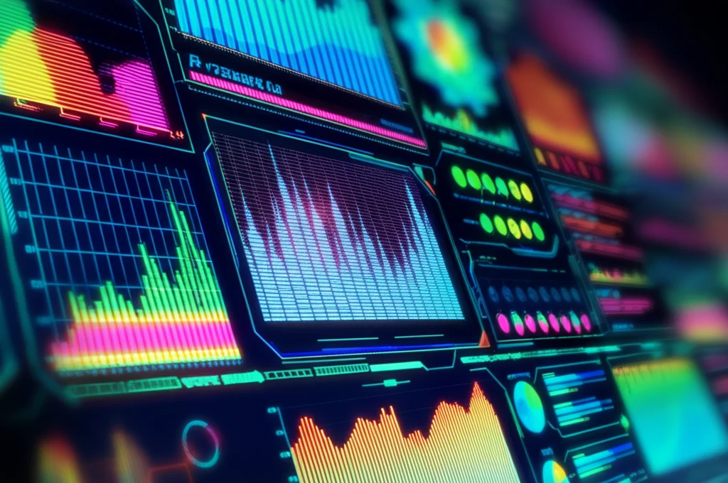 Visualizzazione astratta di dati scientifici e grafici di proiezione futuri su uno schermo digitale luminoso, wide-angle lens 20mm, focus nitido sui dati, colori vivaci su sfondo scuro, suggerendo analisi predittive e speranza per il futuro del trattamento di malattie come il mieloma multiplo.