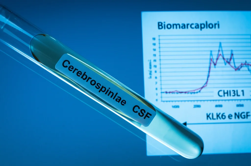 Fotografia still life di una provetta contenente liquido cerebrospinale (CSF) trasparente, accanto a un grafico scientifico che mostra livelli elevati di biomarcatori come CHI3L1, KLK6 e NGF-β. Obiettivo macro 60mm, alta definizione, illuminazione da laboratorio controllata.