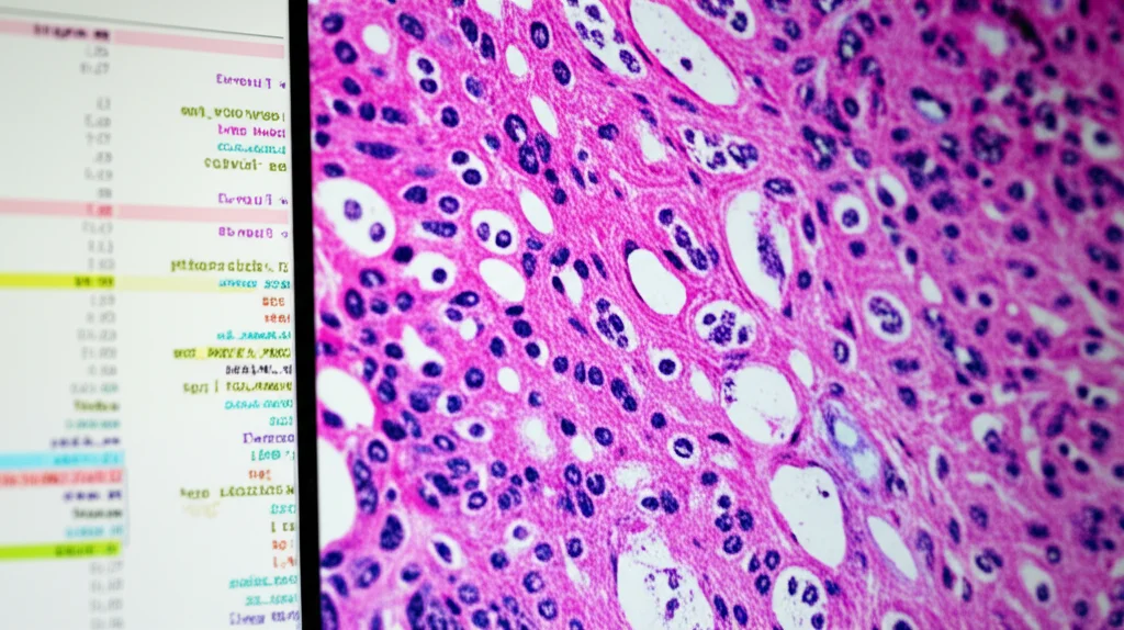 Primo piano di uno schermo di computer che mostra righe di codice di deep learning sovrapposte a un'immagine digitale ad alta risoluzione di un vetrino istopatologico di cancro al seno colorato con HeE. Illuminazione soffusa tipica di un laboratorio di ricerca, alta definizione dei dettagli cellulari, obiettivo 50mm per una prospettiva naturale.