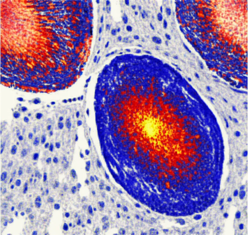 Visualizzazione di una mappa di calore (heatmap) generata dall'IA sovrapposta a un'immagine WSI di tessuto tumorale mammario. Le aree più 'calde' (rosse/gialle) indicano le regioni di maggiore interesse identificate dal modello per la classificazione del grado di Nottingham, mentre le aree 'fredde' (blu) sono meno rilevanti. Alta definizione, obiettivo macro 85mm, luce controllata per enfatizzare i colori della mappa.