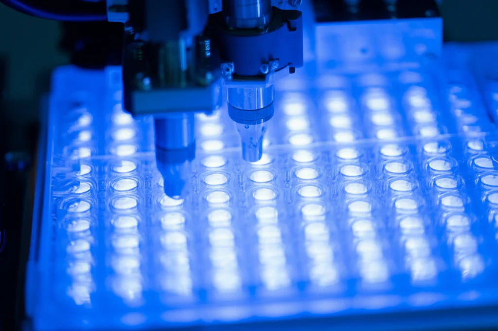 Interno di un laboratorio di ricerca avanzato, piastre multi-pozzetto (1536 pozzetti) sotto un braccio robotico per lo screening high-throughput, luci bluastre soffuse, focus sui pozzetti illuminati dal basso. Macro lens, 100mm, high detail, precise focusing, controlled lighting.