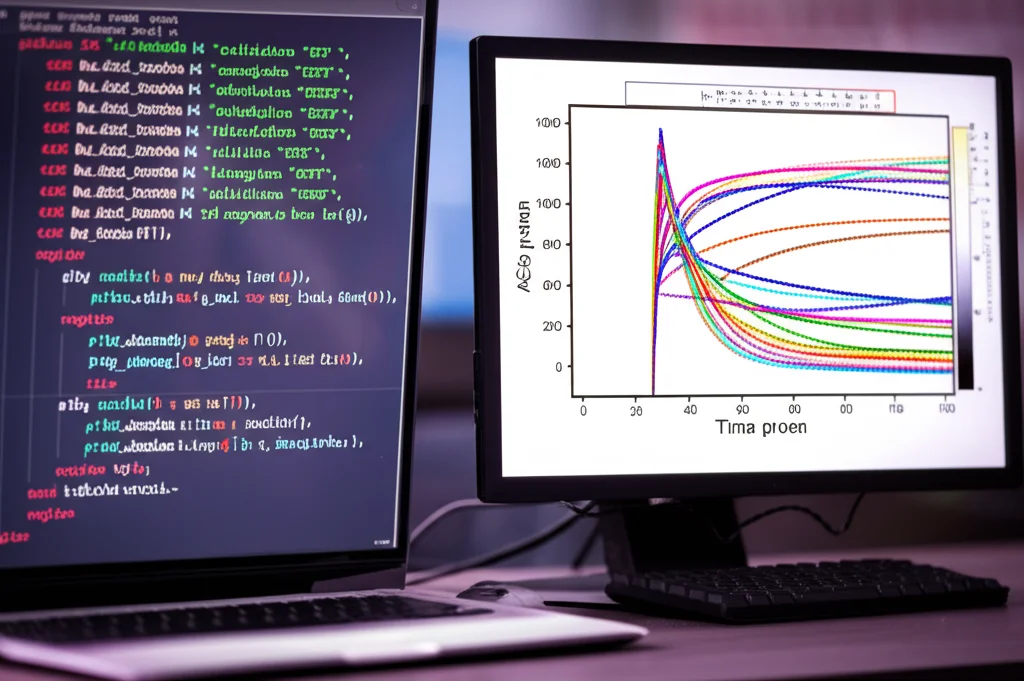 Schermata di computer che mostra grafici complessi di curve dose-risposta multiple sovrapposte, con colori diversi per ogni linea cellulare, e una heatmap che visualizza i valori AC50. Codice di programmazione (R o Python) visibile in una finestra laterale. Prime lens, 35mm, depth of field, luce ambientale da ufficio.