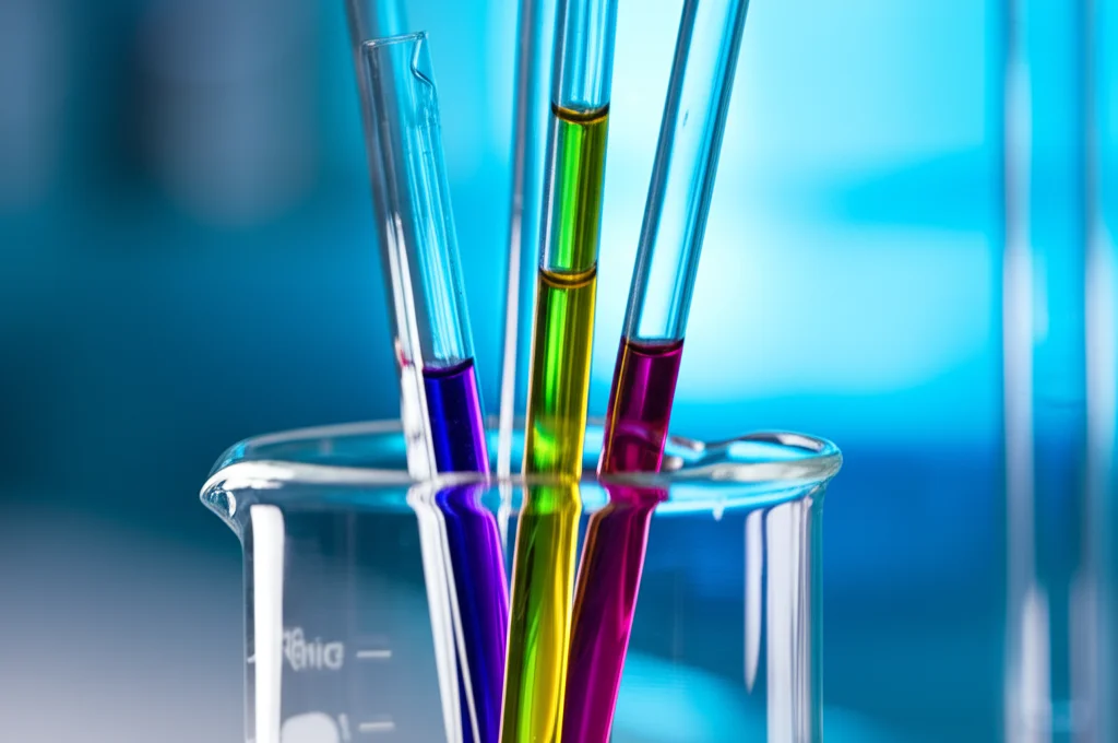 Fotografia macro di diverse provette contenenti liquidi colorati che vengono miscelati delicatamente in un becher di vetro su un bancone di laboratorio industriale, obiettivo macro 90mm, illuminazione controllata e precisa, alta definizione dei dettagli delle gocce e dei riflessi, sfondo leggermente sfocato.