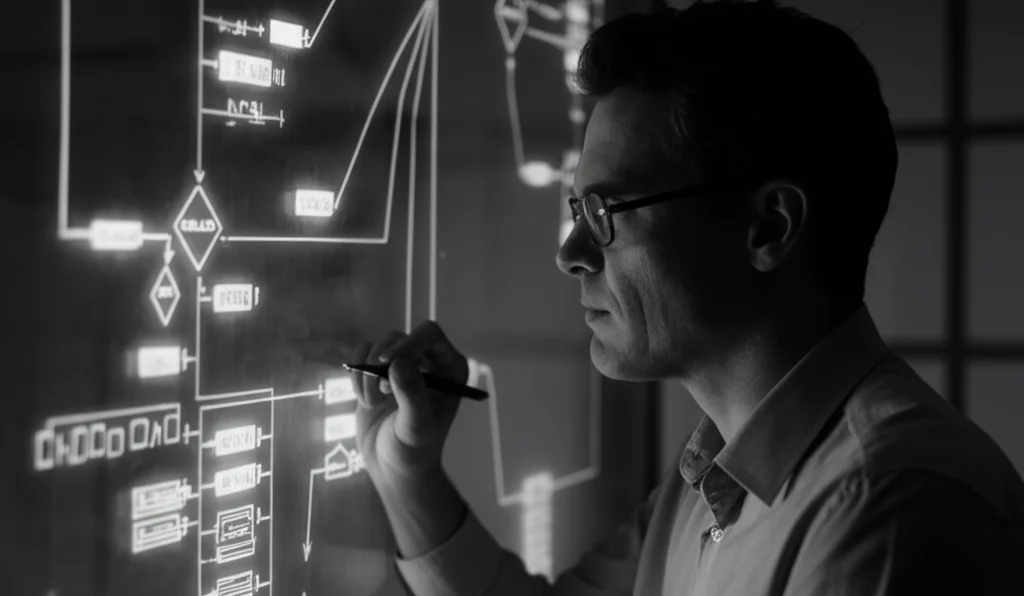 Ritratto di un ingegnere logistico che osserva con concentrazione un complesso diagramma di flusso luminoso proiettato su una parete trasparente, stile film noir, obiettivo 35mm, bianco e nero con dominanti blu e grigie (duotone), profondità di campo che isola il soggetto.