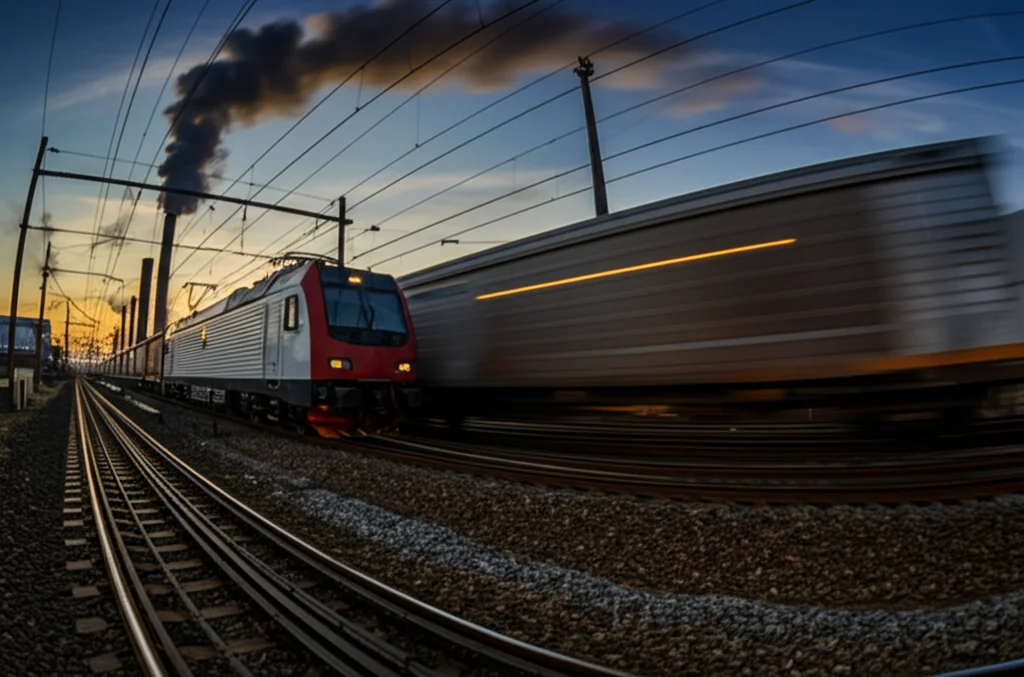 Fotografia grandangolare di un moderno treno merci che attraversa un paesaggio industriale al tramonto, con ciminiere che emettono vapore (non fumo scuro) sullo sfondo, obiettivo grandangolare 20mm, lunga esposizione per creare scie luminose dai fari del treno e ammorbidire le nuvole, messa a fuoco nitida.
