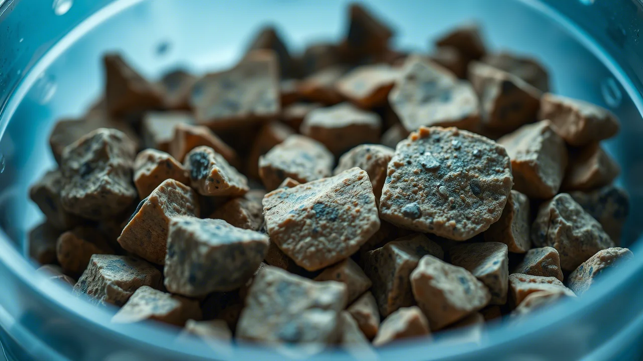 Lenti macro, 100 mm, dettagli elevati, messa a fuoco precisa, illuminazione controllata, scatto ravvicinato di piccoli frammenti di calcoli renali raccolti in un contenitore medico dopo una procedura di pelliccia.