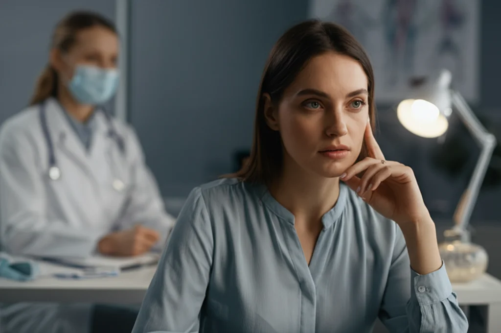 Immagine fotorealistica di una donna dall'aspetto pensieroso seduta nello studio di un medico, luce soffusa, focus sulla sua espressione, obiettivo 35mm, profondità di campo per sfocare leggermente lo sfondo medico.