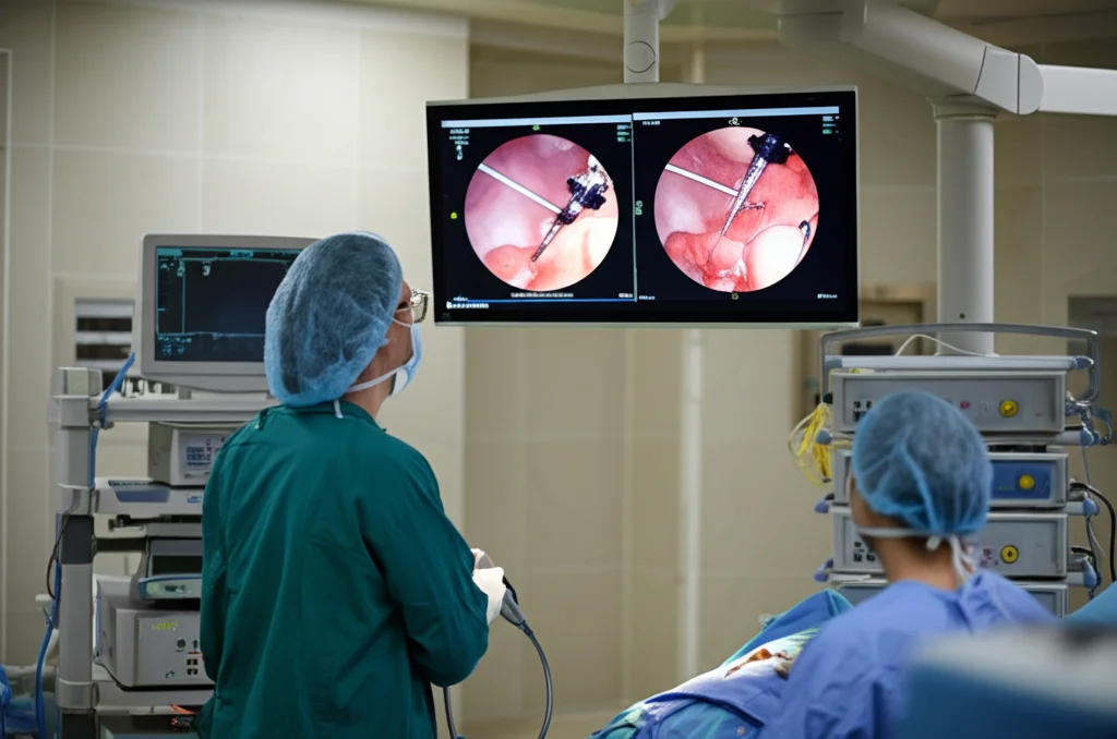 Scena della sala operatoria, lente angolare 24mm, focus acuto, che mostra un chirurgo che esegue ureteroscopia flessibile su un monitor che mostra l'interno del rene, apparecchiature mediche avanzate che circondano il tavolo operativo, illuminazione controllata.