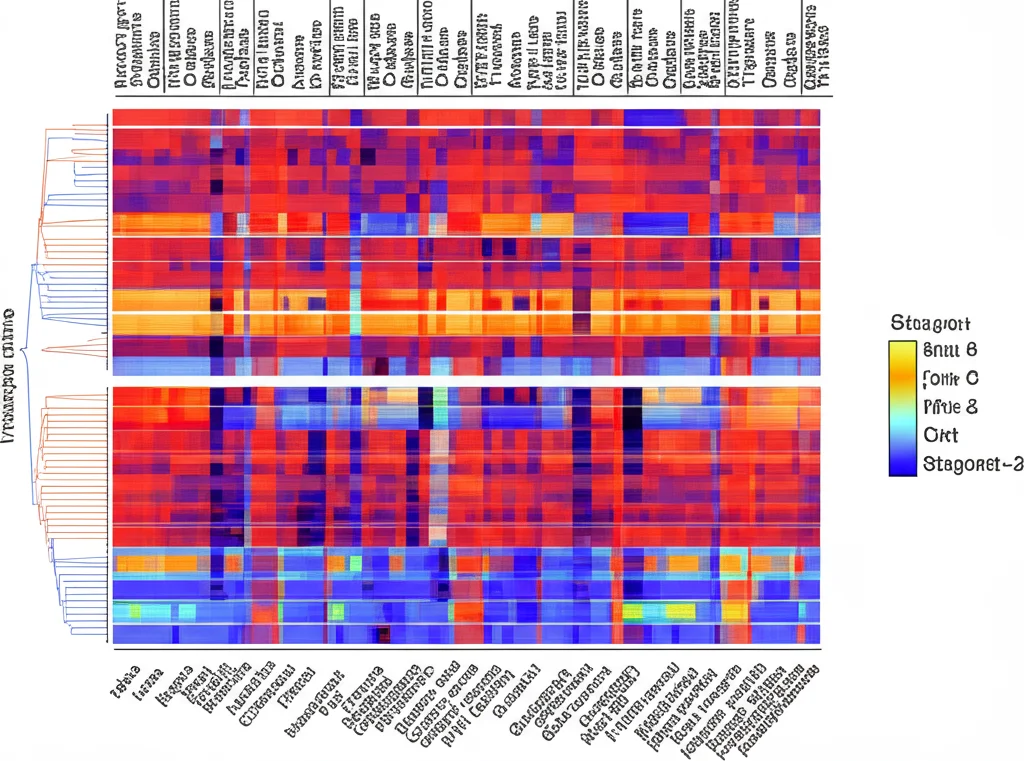 Visualizzazione grafica astratta di dati di espressione genica stagionale. Una mappa di calore (heatmap) con colori che variano dal blu (bassa espressione) al rosso (alta espressione) per diversi geni (righe) attraverso le stagioni (colonne). Alto dettaglio, illuminazione controllata, obiettivo macro 85mm per focus su una porzione significativa della mappa.