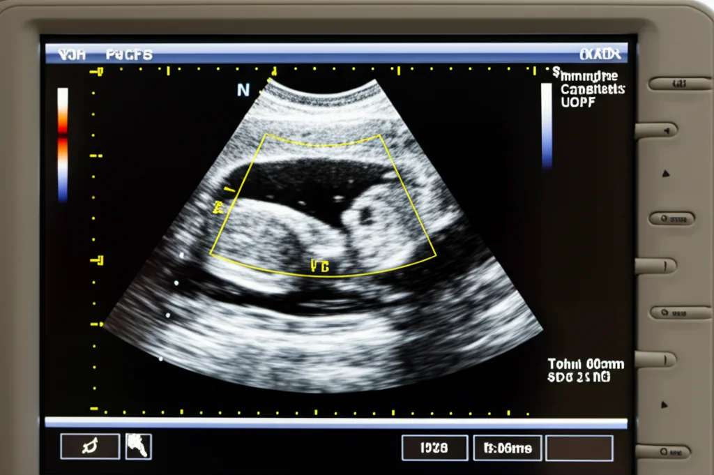 Immagine macro fotorealistica di uno schermo ecografico che mostra dati quantitativi UDFF e un'immagine del fegato, illuminazione controllata per evidenziare i dettagli dello schermo, obiettivo macro 60mm, alta definizione.