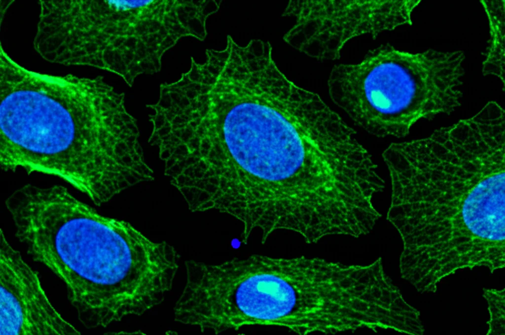 Micrografia ad alta risoluzione che mostra cellule di fibroblasti di macaco in coltura. Alcune cellule potrebbero mostrare marcatori fluorescenti legati all'espressione genica o all'attività di GABP. Obiettivo macro 100mm, illuminazione da microscopia a fluorescenza, messa a fuoco precisa, alto dettaglio.