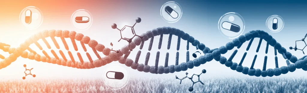 Immagine concettuale che illustra l'interazione tra stagioni, geni e farmaci. Potrebbe mostrare una doppia elica di DNA che si snoda attraverso un paesaggio che cambia stagionalmente (dalla neve ai fiori), con icone di pillole o molecole farmacologiche che interagiscono con specifici segmenti del DNA. Obiettivo 35mm, profondità di campo, duotone blu e arancio per rappresentare inverno ed estate.