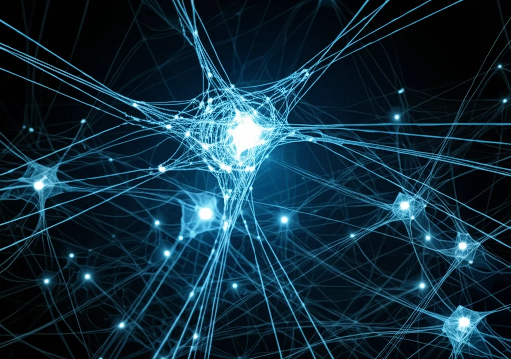 Grafico astratto generato da AI che visualizza le connessioni neurali di una CNN, con nodi luminosi e linee interconnesse su sfondo scuro, simboleggiando l'elaborazione complessa dei dati sulla qualità dell'acqua. Stile futuristico.