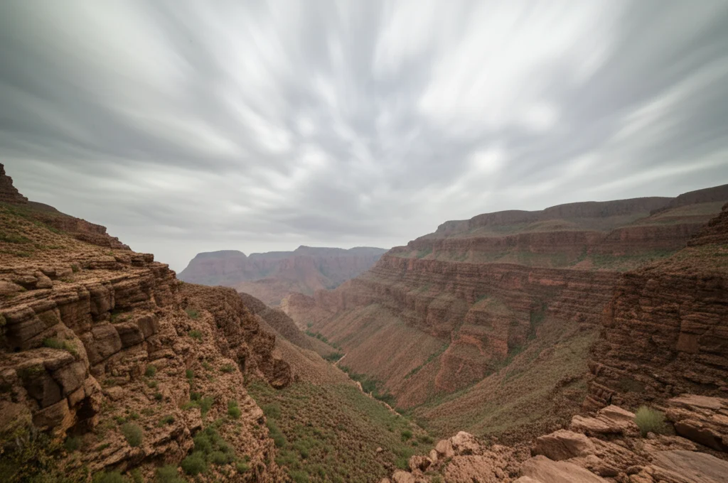Paesaggio della regione dell'Aseer in Arabia Saudita, wide-angle 15mm, con montagne e wadi, focus nitido, lunga esposizione per nuvole soffici, che mostra l'ambiente in cui è stato condotto lo studio sulla qualità dell'acqua.