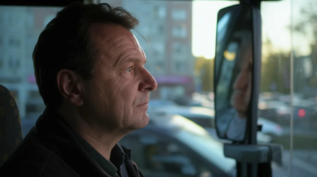 Primo piano del volto teso e stanco di un autista di autobus maschio, sulla quarantina, riflesso nello specchietto retrovisore interno mentre guida nel traffico cittadino intenso. Fotografia ritratto, obiettivo 50mm, luce ambientale mista tra sole basso e luci artificiali, profondità di campo ridotta per isolare il volto, espressione preoccupata.