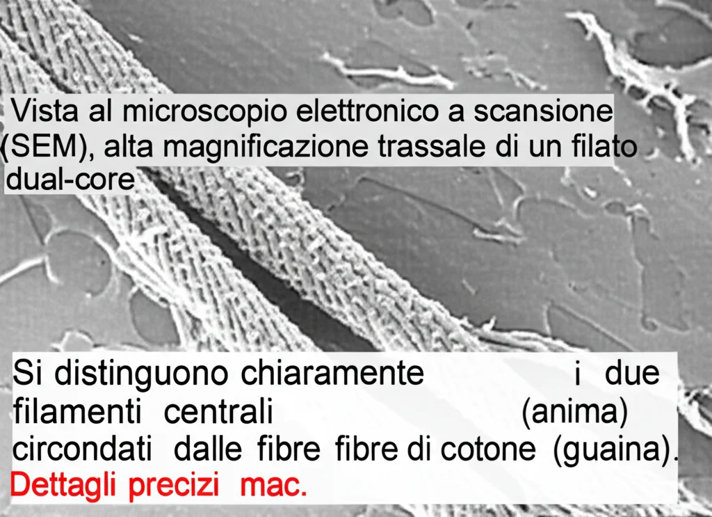 Vista al microscopio elettronico a scansione (SEM), alta magnificazione, della sezione trasversale di un filato dual-core. Si distinguono chiaramente i due filamenti centrali (anima) circondati dalle fibre di cotone (guaina). Dettagli precisi sulla struttura interna.