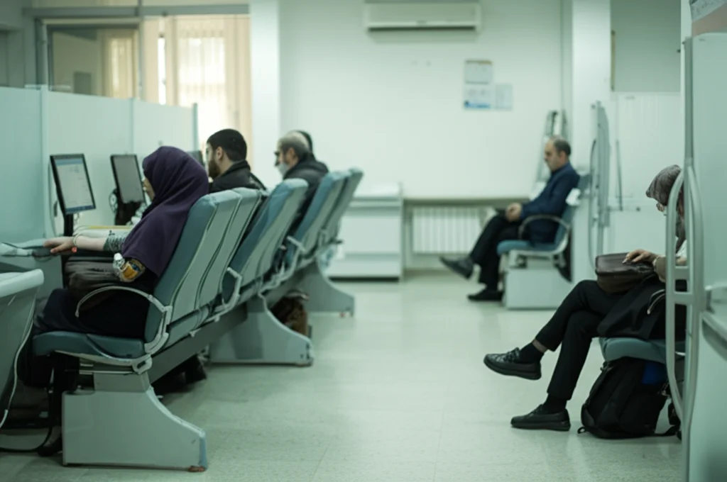 Fotografia di un moderno centro trasfusionale in Iran, luce naturale morbida, persone diverse in attesa serena, obiettivo prime 35mm, profondità di campo.