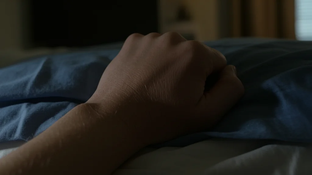Scatto macro di una mano che stringe un cuscino durante la notte, con una luce soffusa proveniente da una finestra che illumina parzialmente il letto. Obiettivo macro 100mm, alta definizione della texture del tessuto e della pelle, illuminazione controllata per creare un'atmosfera intima e leggermente inquieta, suggerendo un sonno disturbato.