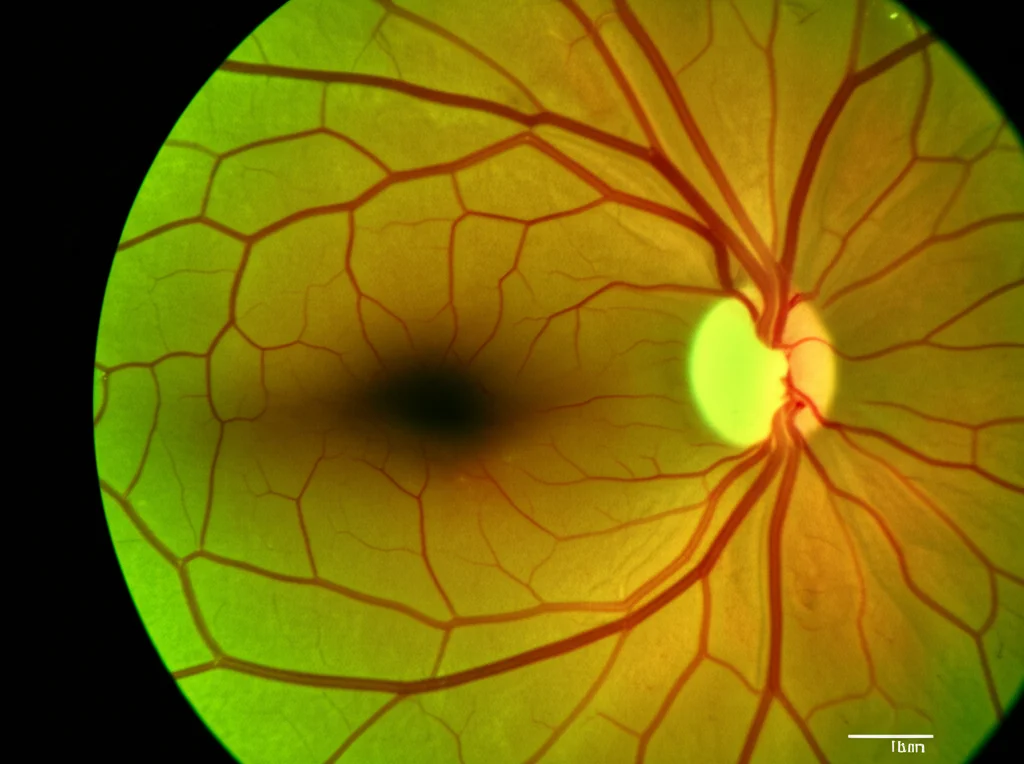 Immagine macro fotorealistica di una retina di topo affetta da EAE, con segni visibili di infiammazione e degenerazione vicino al nervo ottico. Illuminazione da laboratorio controllata, alta definizione, obiettivo macro 90mm.