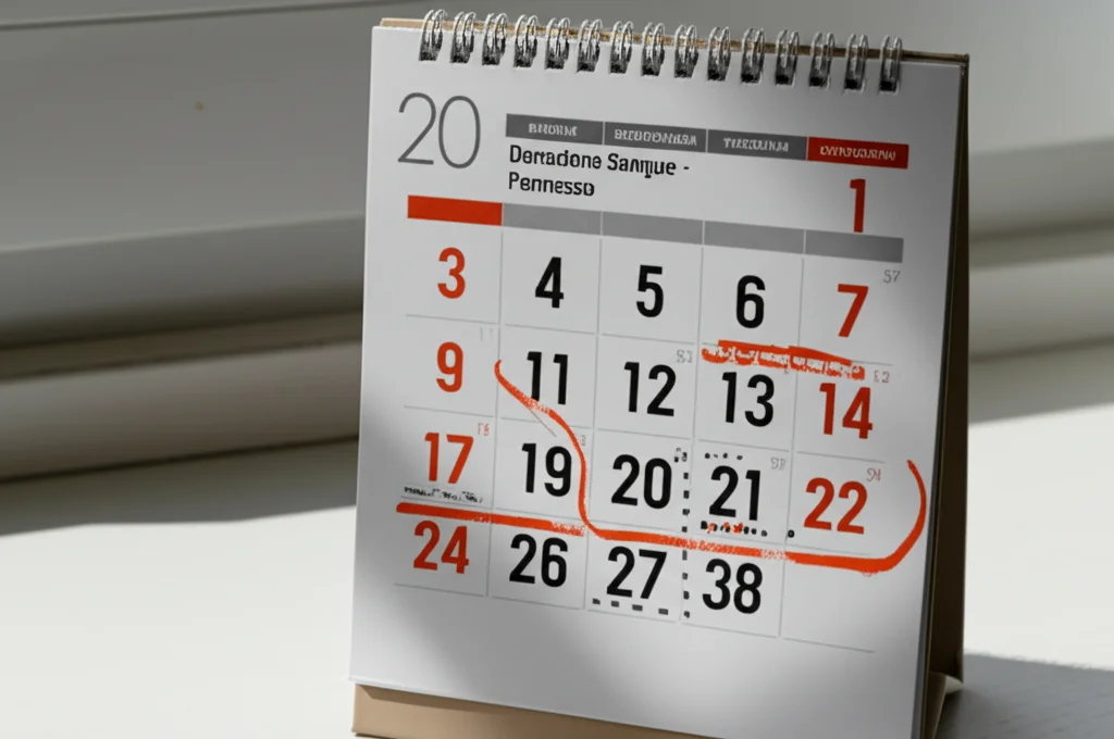 Scatto grandangolare 20mm di un calendario da ufficio con un giorno cerchiato 'Donazione Sangue - Permesso', luce da finestra laterale, focus nitido sul calendario.