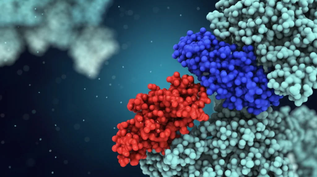 Illustrazione 3D fotorealistica della struttura molecolare di un antibiotico di nuova generazione che interagisce con il ribosoma batterico, obiettivo macro 60mm, alta definizione, illuminazione focalizzata sull'interazione, sfondo scuro e sfocato per enfatizzare il dettaglio molecolare.