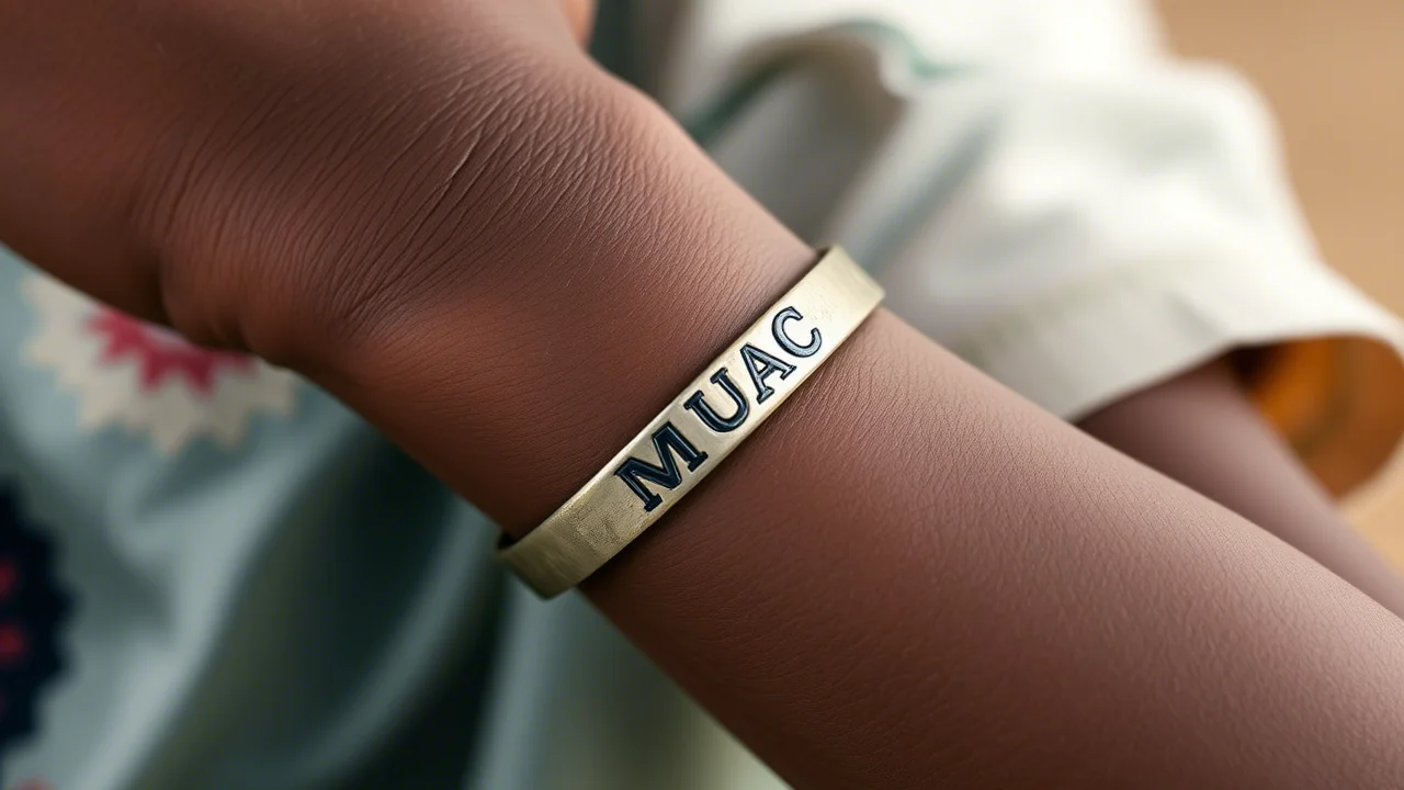 Fotografia macro di un braccialetto MUAC (Mid-Upper Arm Circumference) utilizzato per misurare la malnutrizione su un braccio sottile di bambino etiope, messa a fuoco precisa, illuminazione controllata, dettagli elevati, obiettivo macro 100mm.