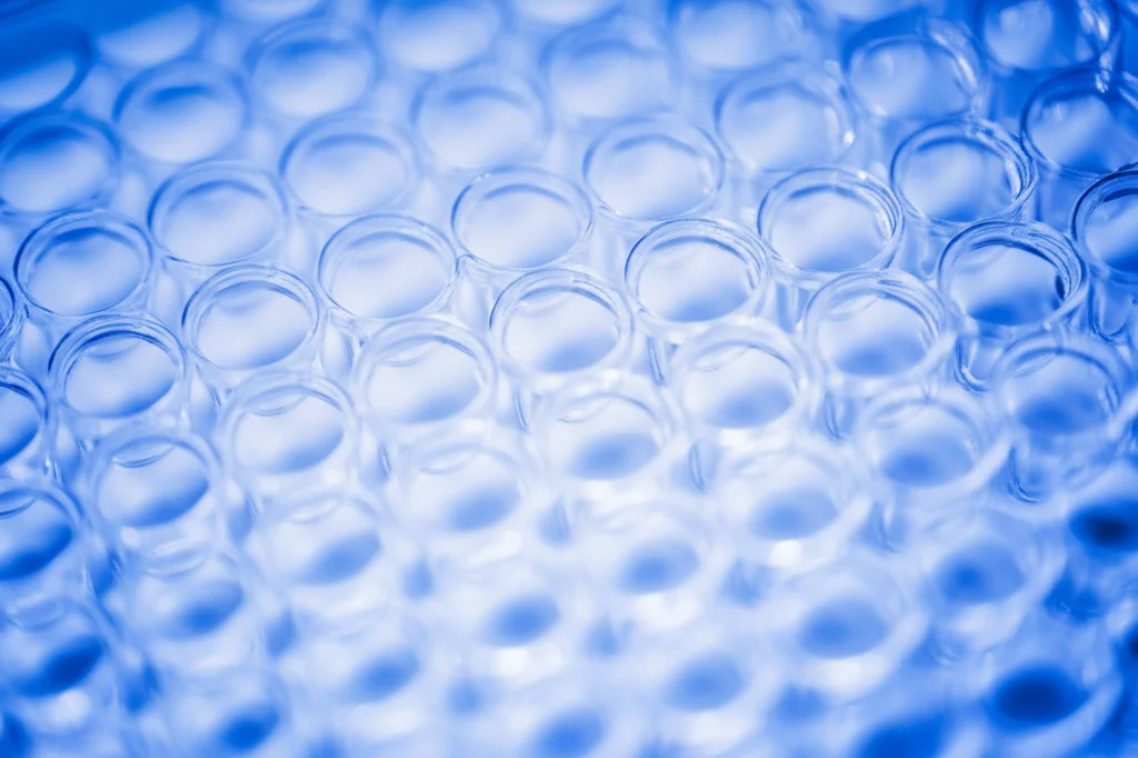 Immagine macro ad alta definizione di una piastra per microtitolazione utilizzata per l'analisi del DNA in un laboratorio di genetica, obiettivo macro 100mm, illuminazione da studio controllata per evidenziare i pozzetti, focus preciso sui dettagli tecnici.