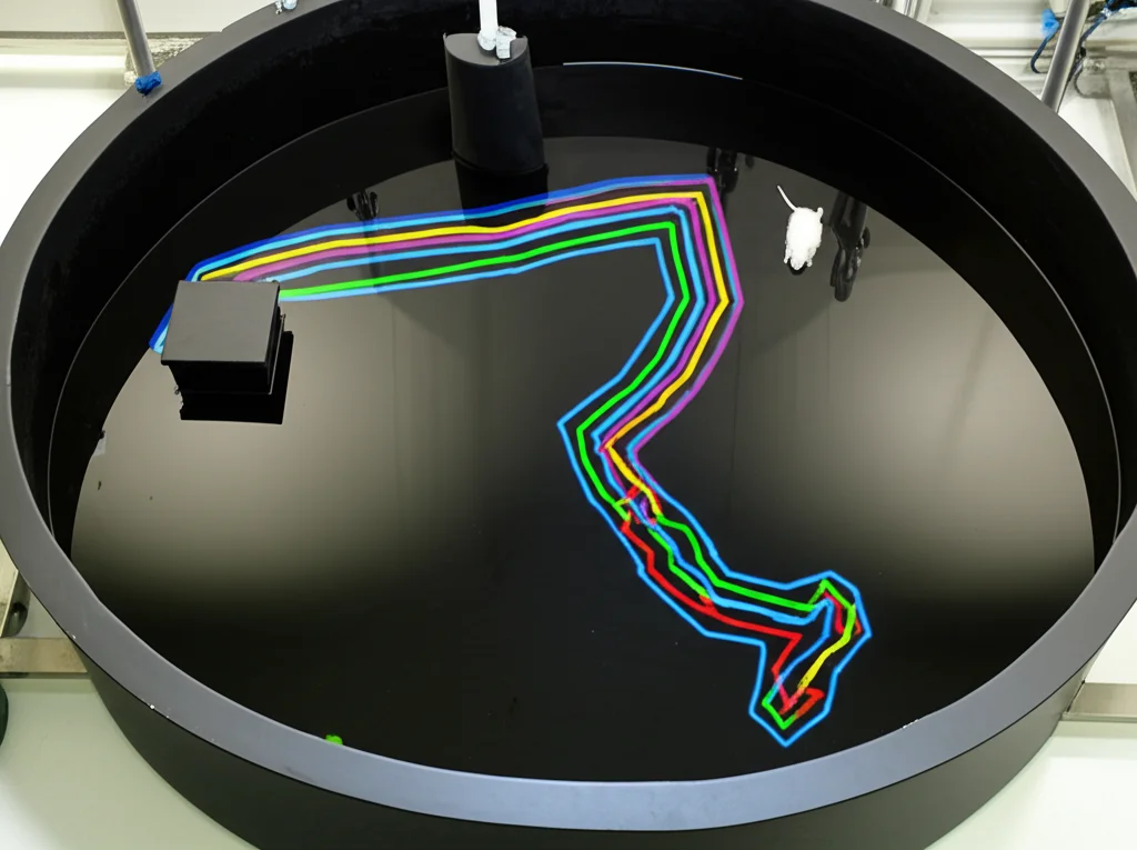 Fotografia di un ratto bianco da laboratorio che nuota in una vasca circolare scura (Morris Water Maze), vista dall'alto con tracciamento del percorso evidenziato digitalmente, acqua resa opaca, piattaforma nascosta, illuminazione diffusa da laboratorio, lente 35mm.