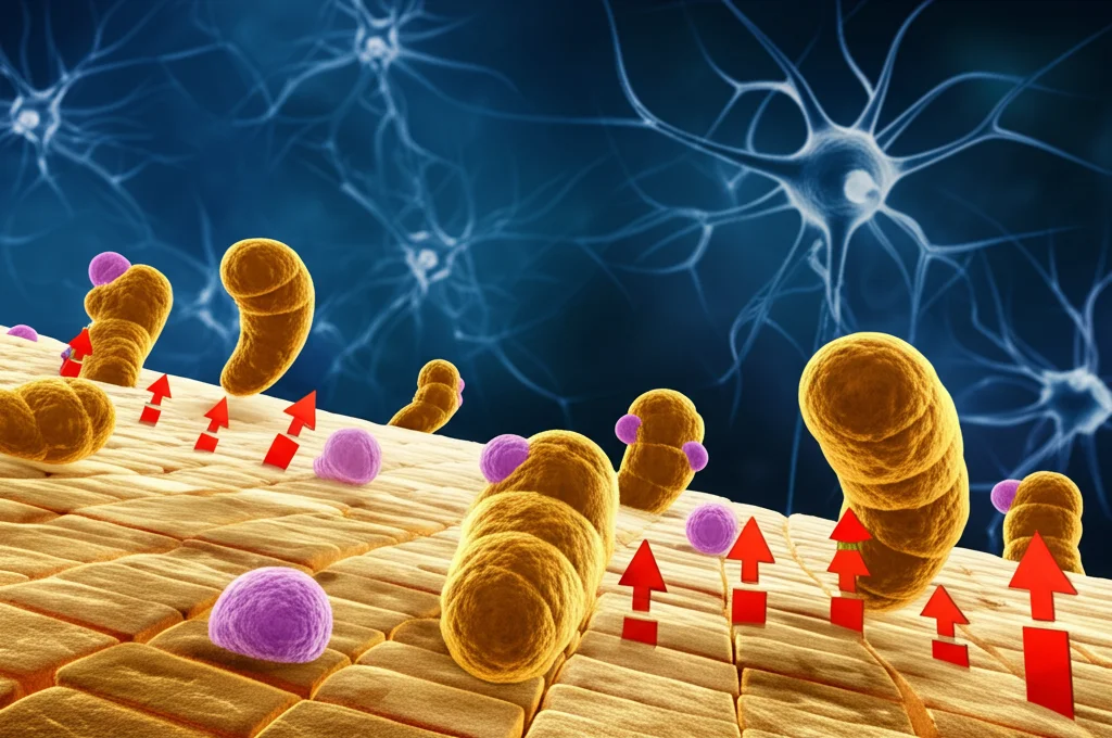 Illustrazione scientifica astratta che mostra molecole di curcumina dorate che interagiscono con recettori su una membrana cellulare neuronale, bloccando segnali infiammatori (simboleggiati da frecce rosse), sfondo blu scuro con pattern di neuroni stilizzati, alta definizione.