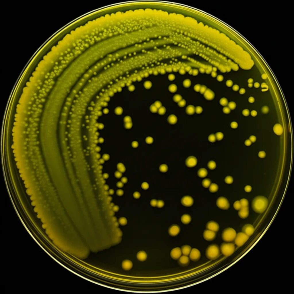 Vista macro, obiettivo 90mm, di colonie di Vibrio cholerae gialle brillanti su un terreno di coltura agar TCBS nero in una piastra di Petri. Illuminazione da laboratorio controllata, alta definizione, messa a fuoco precisa sulle colonie batteriche, rappresentando l'isolamento dei batteri in laboratorio.