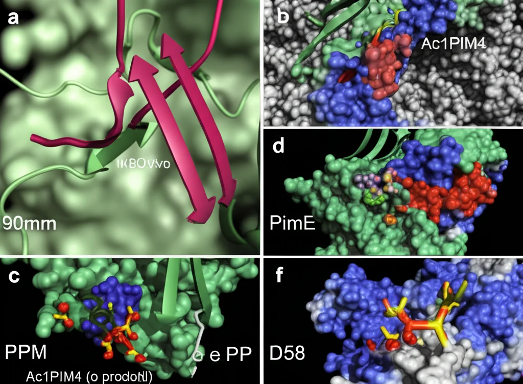 Visualizzazione molecolare del sito attivo dell'enzima PimE, obiettivo macro 90mm, messa a fuoco precisa, con i substrati PPM e Ac1PIM4 (o prodotti Ac1PIM5 e PP) legati, evidenziando il residuo catalitico D58 e le interazioni chiave (legami idrogeno) con i substrati, illuminazione drammatica.