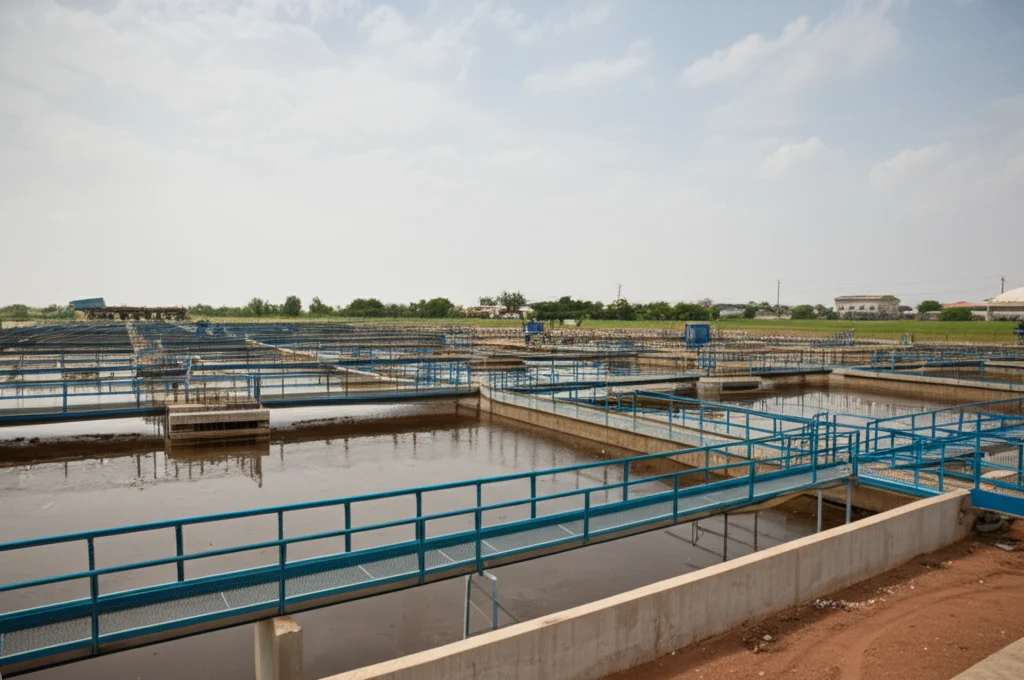 Fotografia grandangolare, obiettivo 20mm, dell'impianto di depurazione di Abuja, Nigeria. Struttura industriale con vasche di aerazione e sedimentazione visibili. Cielo parzialmente nuvoloso. Messa a fuoco nitida sull'intero impianto, luce diurna, che illustra il sito dello studio.