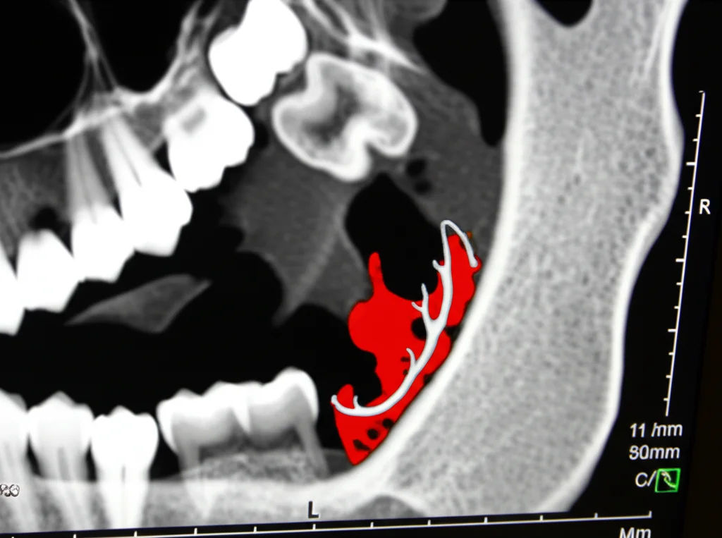 Visualizzazione 3D da una scansione CBCT della mandibola su uno schermo medico ad alta risoluzione, con sezioni trasversali che evidenziano la fossa sottomandibolare e il canale mandibolare. Illuminazione da studio, focus preciso sulle strutture anatomiche, obiettivo 50mm.