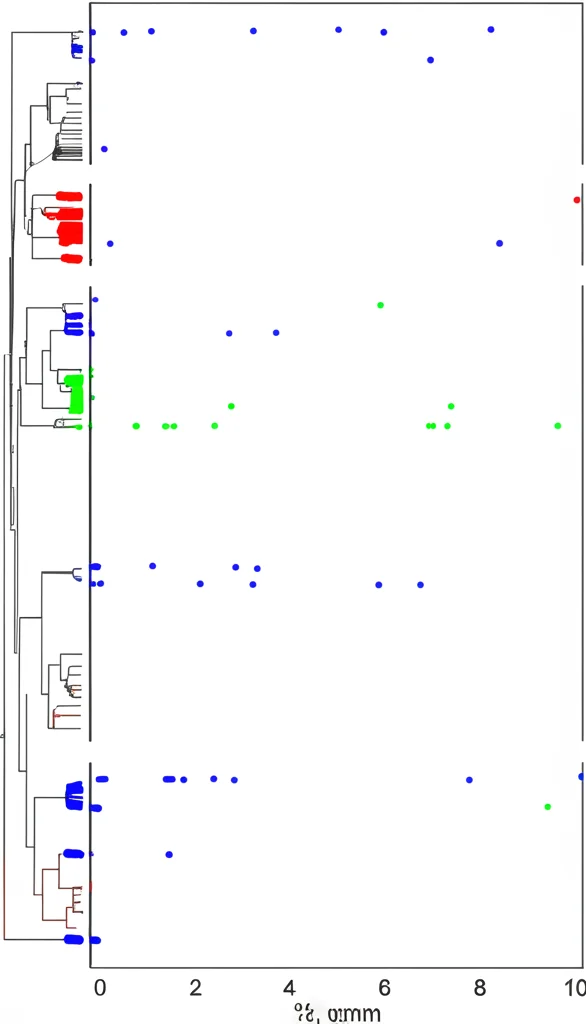 Grafico di clustering gerarchico che mostra campioni di DNA metilato. Un punto rosso (paziente) si raggruppa strettamente con punti blu (firma Kabuki confermata) e separatamente da punti verdi (controlli sani). Obiettivo prime 50mm, profondità di campo, illuminazione da laboratorio.