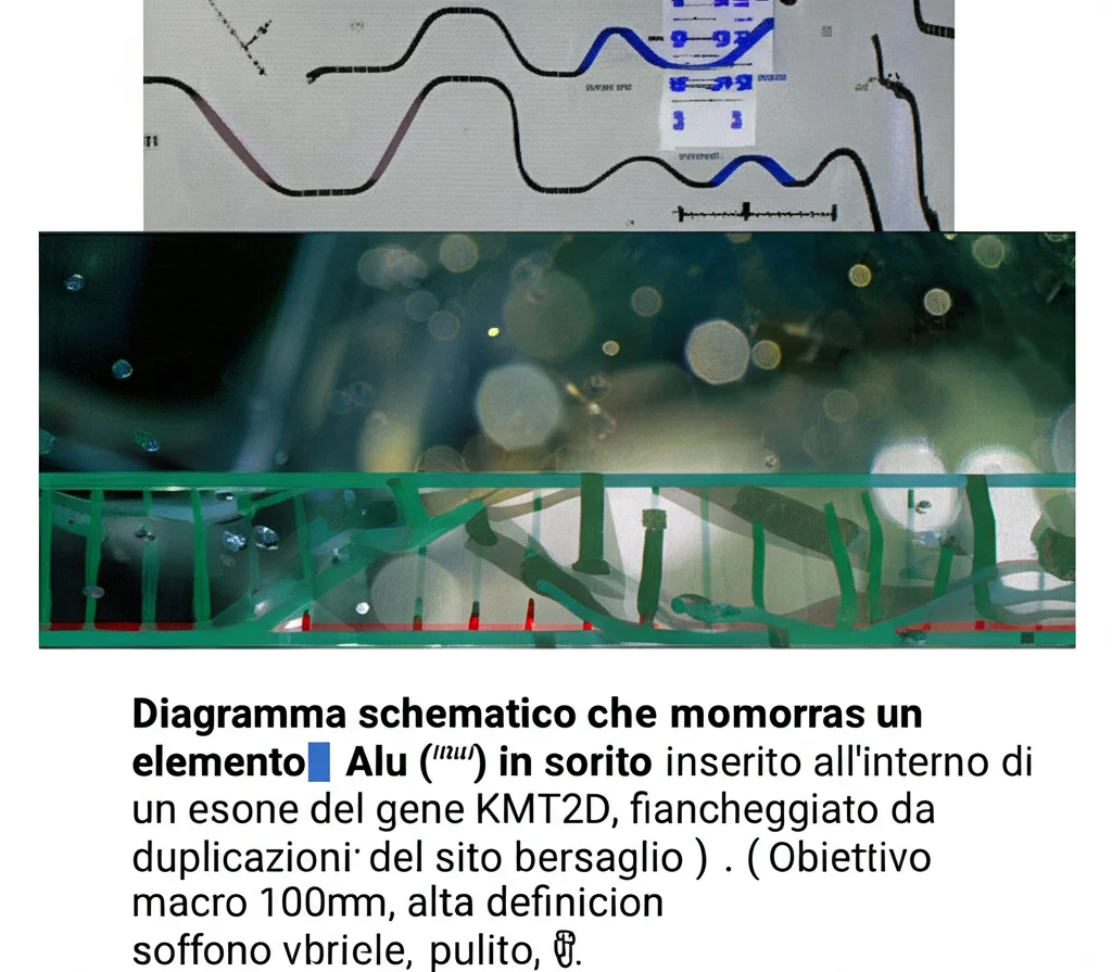 Diagramma schematico che mostra un elemento Alu (in corsivo) inserito all'interno di un esone del gene KMT2D, fiancheggiato da duplicazioni del sito bersaglio (sottolineate). Obiettivo macro 100mm, alta definizione, sfondo bianco pulito.