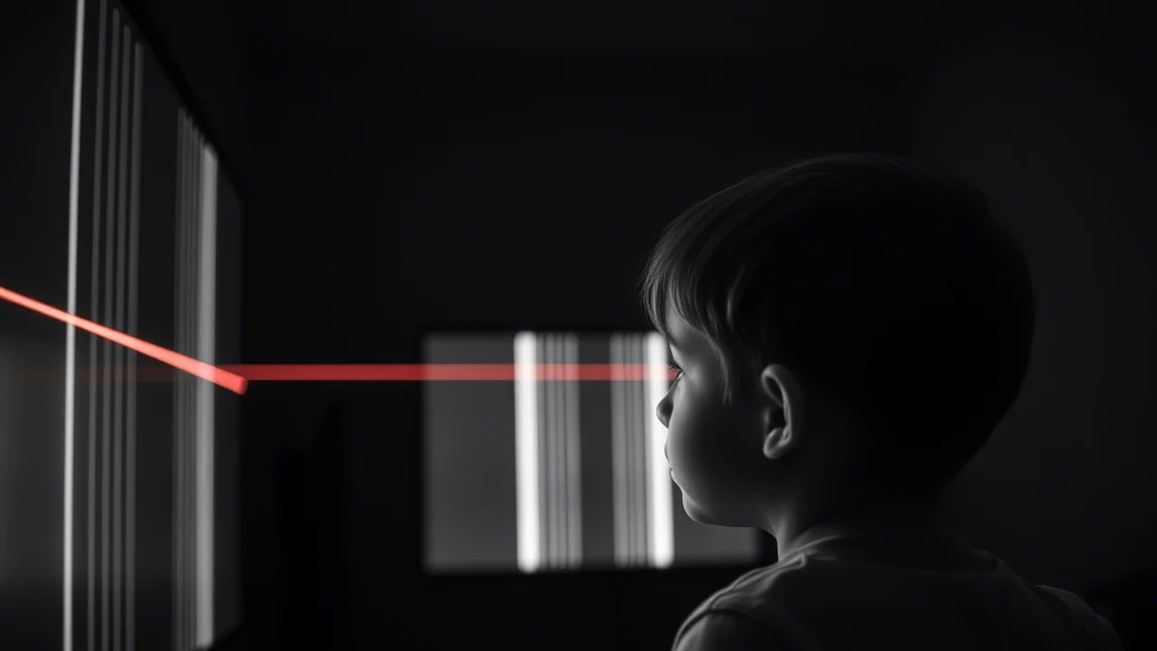 Scatto grandangolare, lente 24mm, che cattura un bambino durante il test Subjective Visual Vertical (SVV) in una stanza poco illuminata. Il bambino sta regolando una linea laser proiettata su uno schermo. La profondità di campo mette a fuoco il bambino e lo schermo, trasmettendo concentrazione e la sfida percettiva del test. Bianco e nero film.