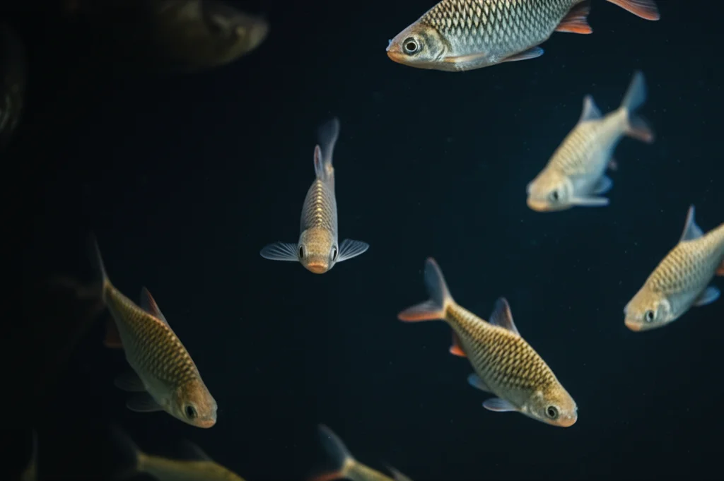 Fotografia subacquea di un banco di giovani pesci Labeo rohita che nuotano erraticamente e si separano in un acquario scarsamente illuminato, alcuni si nascondono negli angoli bui. Obiettivo grandangolare 24mm, profondità di campo, atmosfera cupa, colori desaturati.