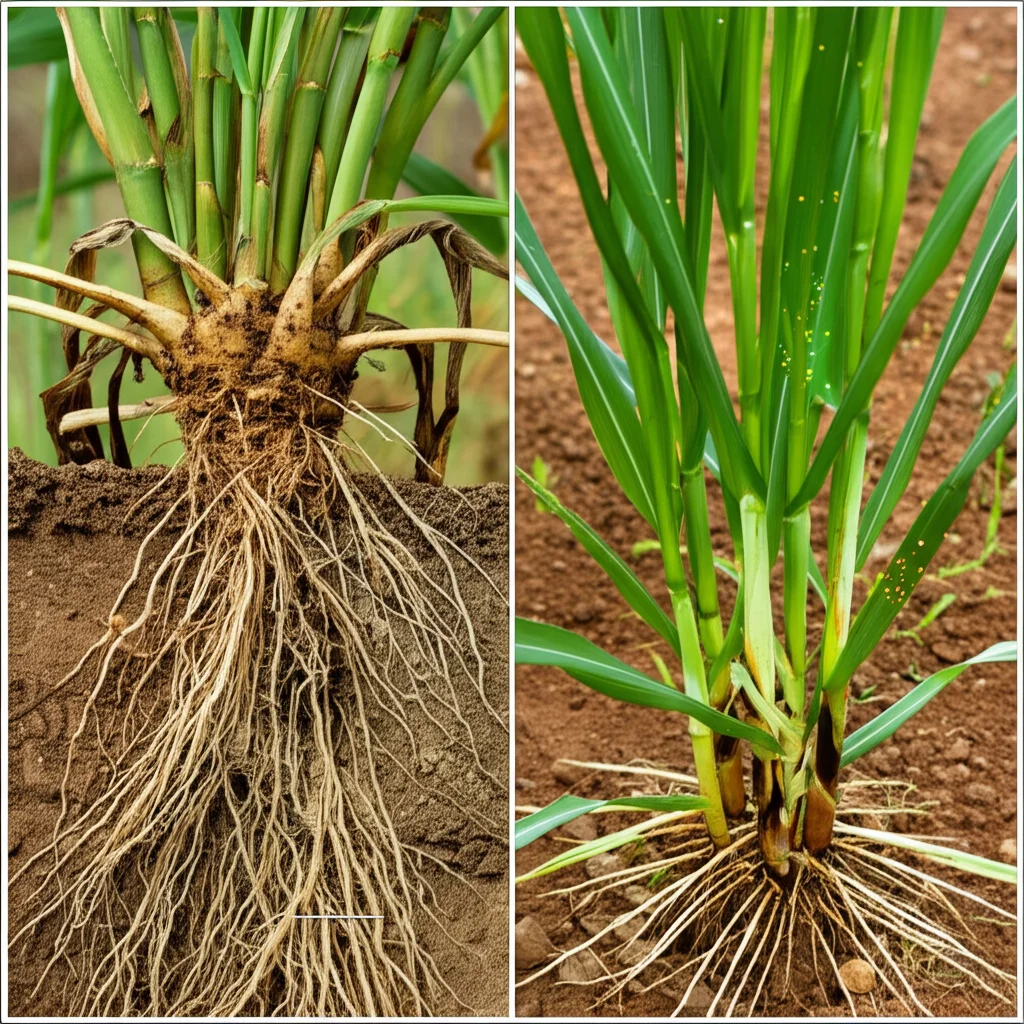 Immagine concettuale divisa verticalmente. A sinistra: una pianta di miglio selvatico (Eleusine coracana subsp. africana) con radici robuste e intricate in un terreno dall'aspetto naturale. A destra: una pianta di miglio coltivato (subsp. coracana, cultivar generica) con un apparato radicale forse leggermente meno complesso, in un terreno lavorato. L'immagine deve suggerire una maggiore diversità microbica (rappresentata da piccoli punti luminosi colorati) attorno alle radici della pianta selvatica. Macro lens 60mm, high detail, controlled lighting per confronto.