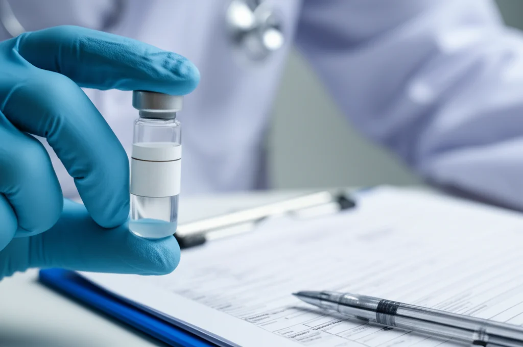 Close-up macro shot, 90mm lens, di una mano guantata di un medico che tiene una piccola fiala di campione di tessuto accanto a un modulo di consenso firmato, illuminazione morbida e controllata che enfatizza le texture, profondità di campo ridotta che sfoca lo sfondo, simboleggiando il dilemma etico tra ricerca e consenso.