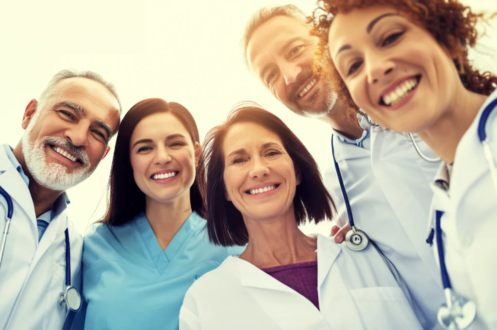 Fotografia ritrattistica, obiettivo 35mm, gruppo eterogeneo di persone sorridenti che guardano verso un futuro luminoso, profondità di campo, luce naturale calda, rappresentando il beneficio comunitario della ricerca medica.