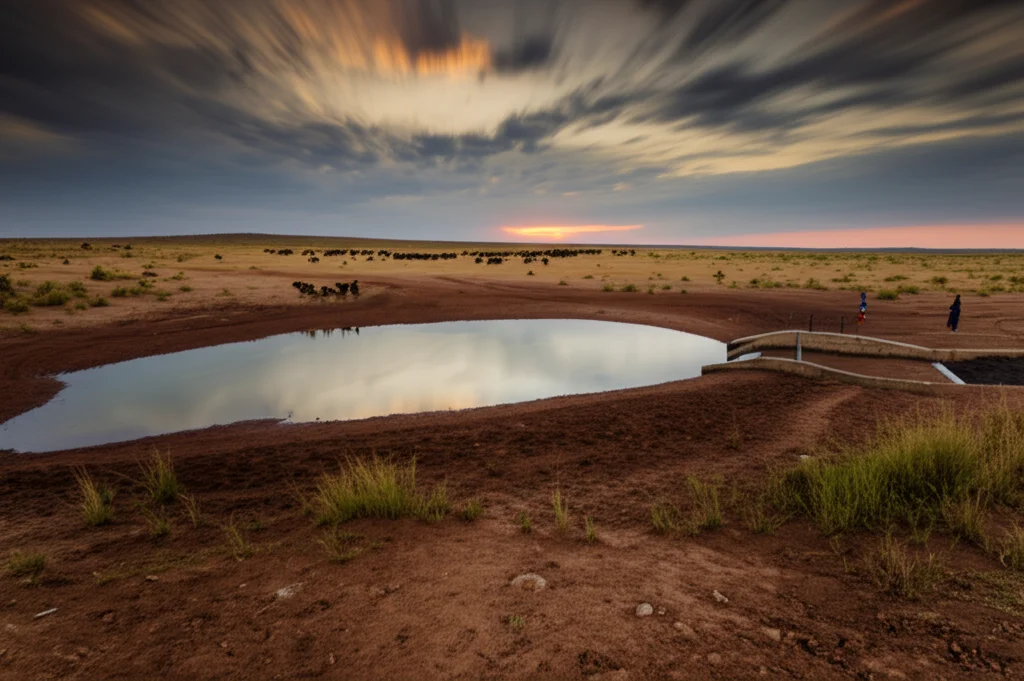 Fotografia di paesaggio, wide-angle 15mm, che mostra una vasta pianura semi-arida in Africa Orientale al tramonto. Al centro, una diga a valle riflette gli ultimi raggi di sole, circondata da terra secca e rada vegetazione. In lontananza, si intravede una mandria di bestiame guidata da pastori. Long exposure per rendere il cielo drammatico, sharp focus sull'acqua e sulla terra circostante.