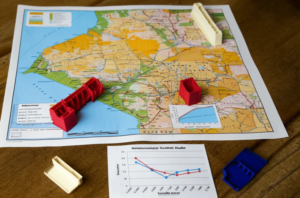 Still life, macro lens 85mm, high detail, precise focusing, luce controllata da studio. Su un tavolo di legno grezzo, una mappa dettagliata dell'area Karamoja-Turkana è affiancata da piccoli modelli 3D di dighe a valle e da grafici che mostrano curve di ottimizzazione dei costi e riduzione dei flussi migratori.