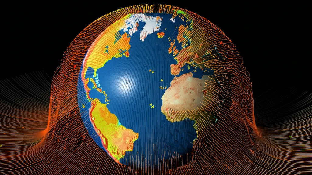 Visualizzazione 3D fotorealistica di un corpo celeste (come la Terra o Marte) discretizzato in tesseroidi colorati, con linee di campo gravitazionale che mostrano la curvatura vicino alla superficie e ai poli. Illuminazione controllata, alto dettaglio, stile da scienza planetaria, obiettivo 35mm.