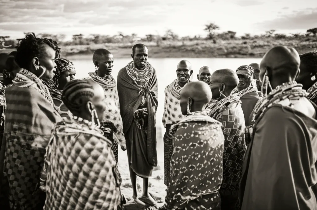 Ritratto di gruppo, 35mm prime lens, profondità di campo media che sfoca leggermente lo sfondo arido. Un gruppo misto di uomini e donne della comunità Turkana o Karamojong, vestiti con abiti tradizionali colorati, è riunito in cerchio vicino a una diga a valle piena d'acqua. Stanno discutendo animatamente ma pacificamente, alcuni indicano l'acqua, altri ascoltano attentamente. Luce calda del tardo pomeriggio, atmosfera di collaborazione e speranza. Film noir in bianco e nero per enfatizzare le espressioni.