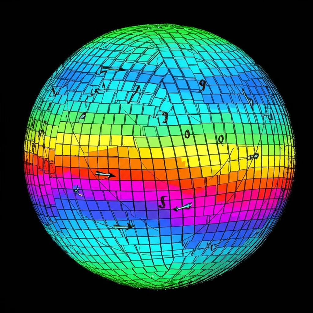 Simulazione computerizzata fotorealistica di un guscio sferico diviso in tesseroidi, con sovrapposte linee di campo gravitazionale colorate che ne indicano l'intensità e la curvatura. Stile visualizzazione scientifica, messa a fuoco nitida, obiettivo 50mm.