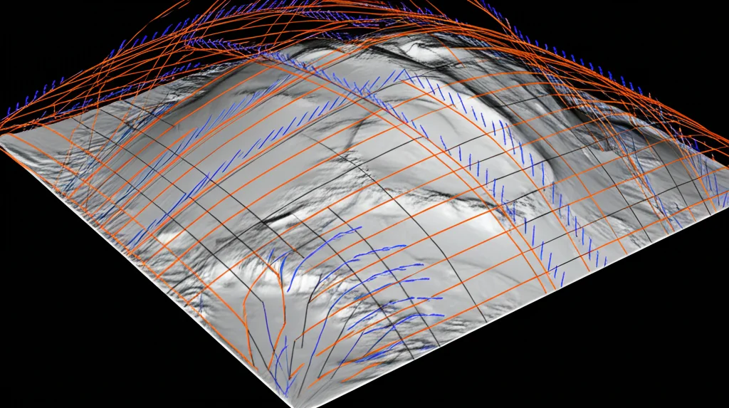 Vista grandangolare di una regione polare planetaria modellata con tesseroidi, mostrando la distorsione geometrica vicino al polo. Linee di campo gravitazionale evidenziano la sfida del calcolo in quest'area. Obiettivo grandangolare 15mm, illuminazione drammatica, messa a fuoco nitida.