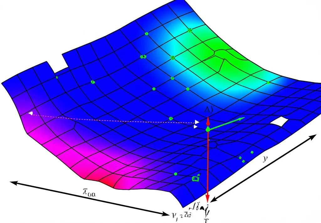 Immagine concettuale che confronta la stabilità di Lyapunov (grafico locale con autovalori) e la stabilità KCC (visualizzazione geometrica di traiettorie convergenti/divergenti su una superficie curva). Stile: High detail, precise focusing, controlled lighting, 100mm Macro lens, colori contrastanti per i due metodi.